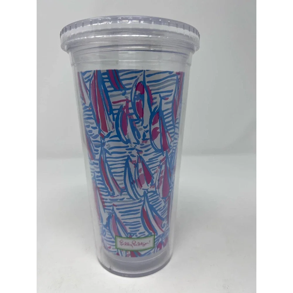 Lily Pulitzer Sailboat Tumbler Drinking Cup Pink Sailboats Light Blue Background